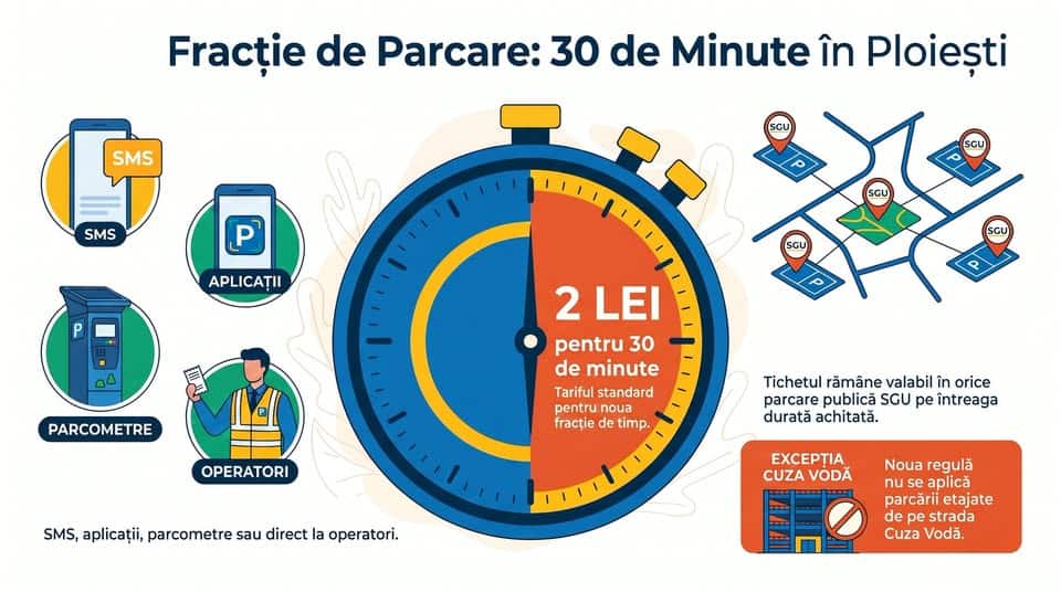 SGU Ploiești: A fost implementată noua fracție de 30 de minute în toate parcările publice cu plată de pe raza Municipiului Ploiești
