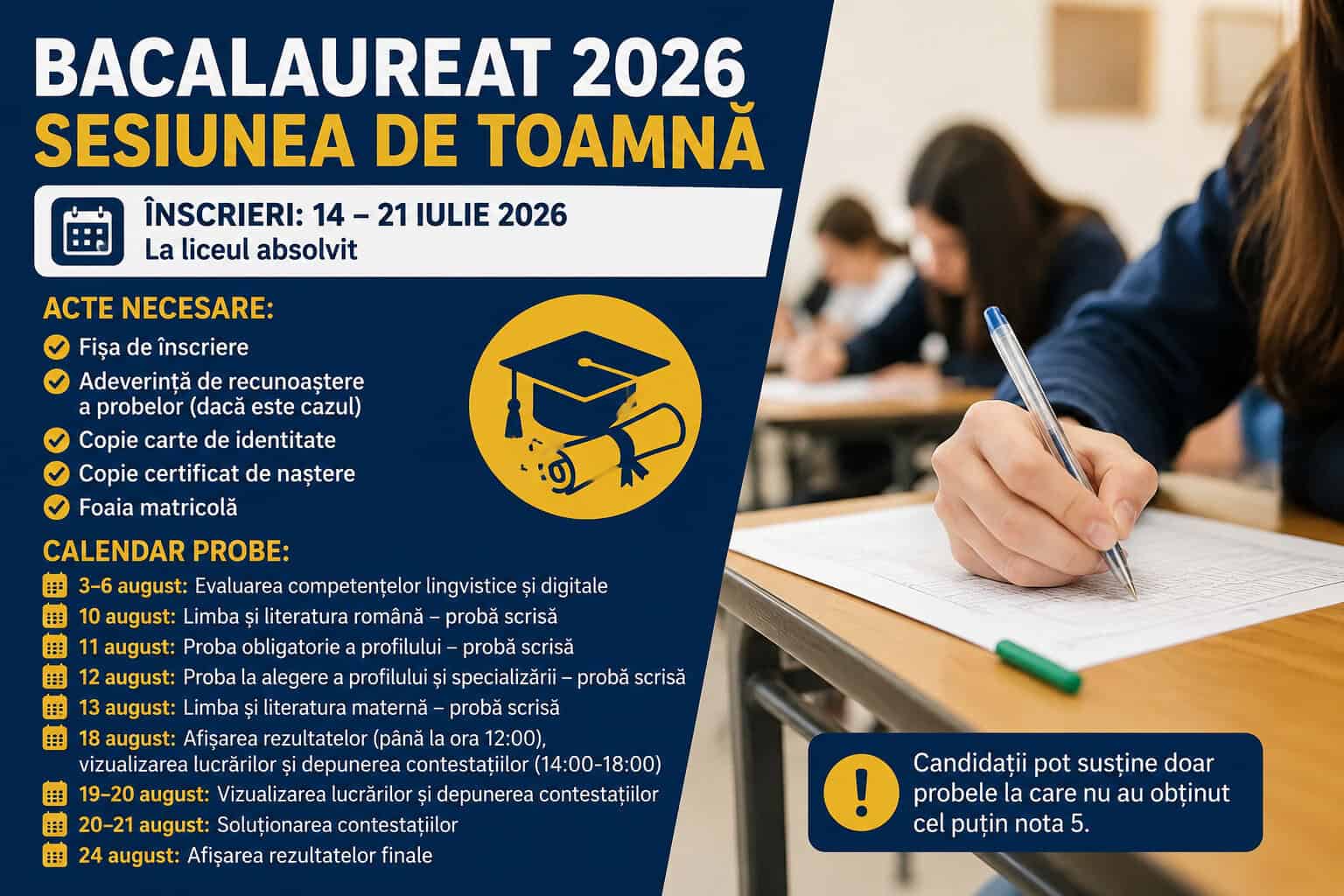 Start pentru Bacalaureatul de toamnă 2026. Candidații au la dispoziție o săptămână pentru înscriere