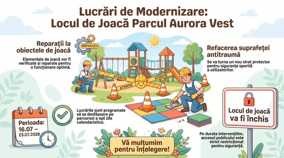 SGU Ploiești: „Vă informăm că urmează să demarăm o serie de lucrări de întreținere și reparații în locul de joacă din Parcul Aurora”