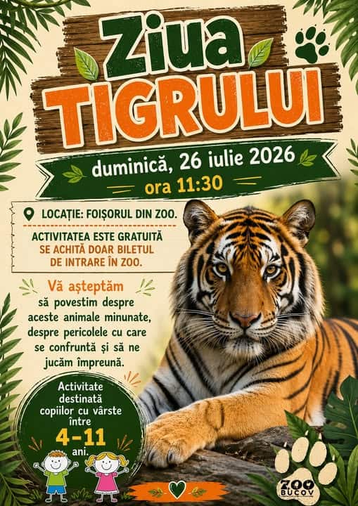 Duminică, 26 iulie 2026: Ziua Tigrului, sărbătorită la Grădina Zoologică Bucov