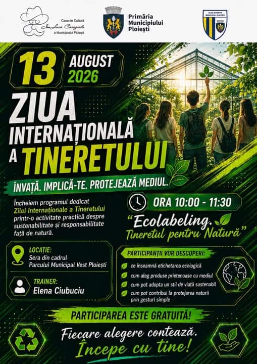 Casa de Cultură Ion Luca Caragiale Ploiești: Tineretul pentru natură, 13 august 2026